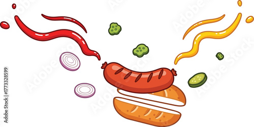 Cartoon hotdog with ketchup mustard relish and onion floating on white background