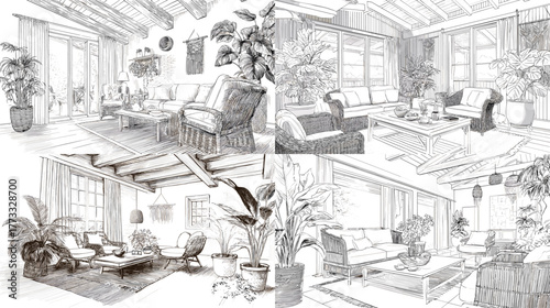 Warm cozy living room sketch with sofas, plants, and wooden furniture in detailed pencil illustration, capturing rustic natural interior charm.