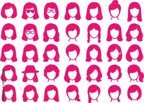 Female Head Line Icon Set – Beauty Lady, Sunglasses, Earrings, Ethnic, Scarf, Hat, Expression, Elegant, Youth Woman, Modern, Thin Linear Vector Illustration