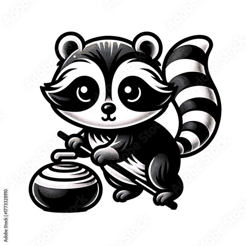 Curling Raccoon: A charming illustration depicts a raccoon in action, skillfully sweeping the ice for a curling stone, embodying the spirit of sportsmanship and fun.