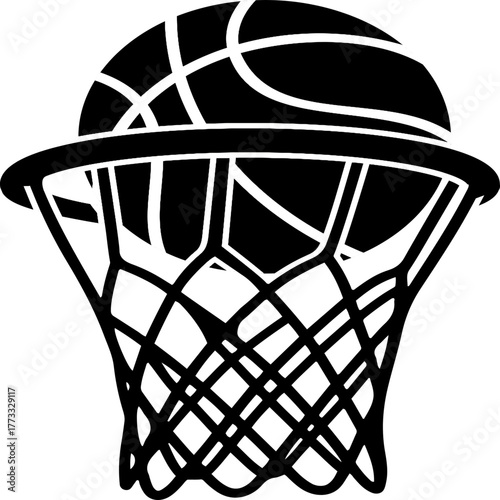 Basketball Hoop Silhouette: A minimalist graphic of a basketball swishing through the hoop, emphasizing the focus on skill, precision and the thrill of the sport. 