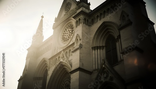 Sunlit Gothic Cathedral Facade with Intricate Architectural Details and Rose Window Bathed in Warm, Ethereal Light