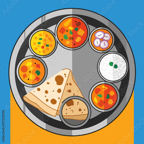 Indian Thali Meal with Various Dishes and Roti.
