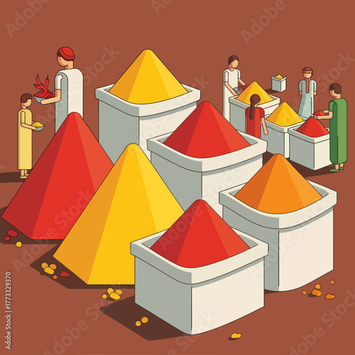 Illustration of people around piles of colorful powder, possibly Holi festival.