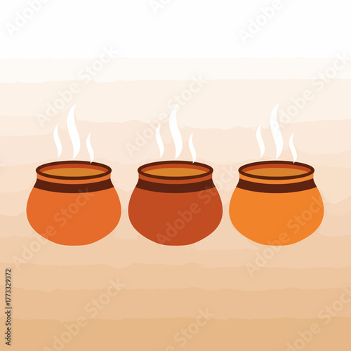 Three earthen pots steaming with delicious food ready to serve.