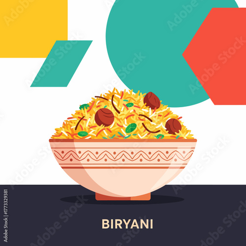 A stylized vector illustration of a bowl of delicious Indian biryani rice against a colorful geometric background.