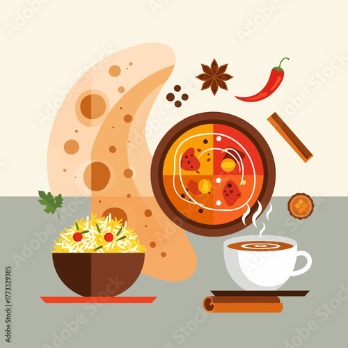 A vibrant flat illustration showcasing a steaming cup of chai, a bowl of biryani, and various Indian spices.