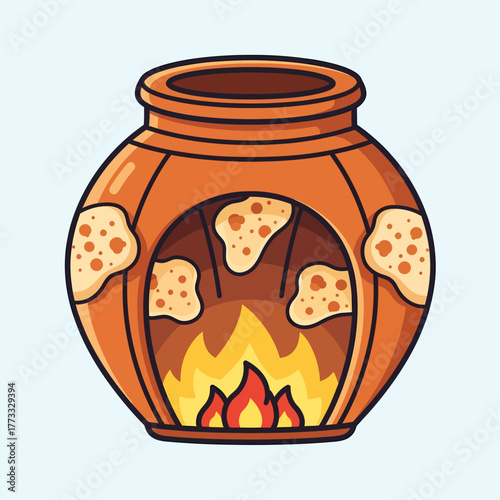 Cartoon illustration of a traditional clay tandoor oven with flames inside, cooking flatbread on its walls.