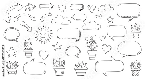 Hand drawn elements for creative projects with arrows plants and heart
