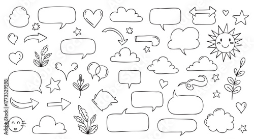 Hand drawn elements seamless pattern with speech bubbles and design shapes