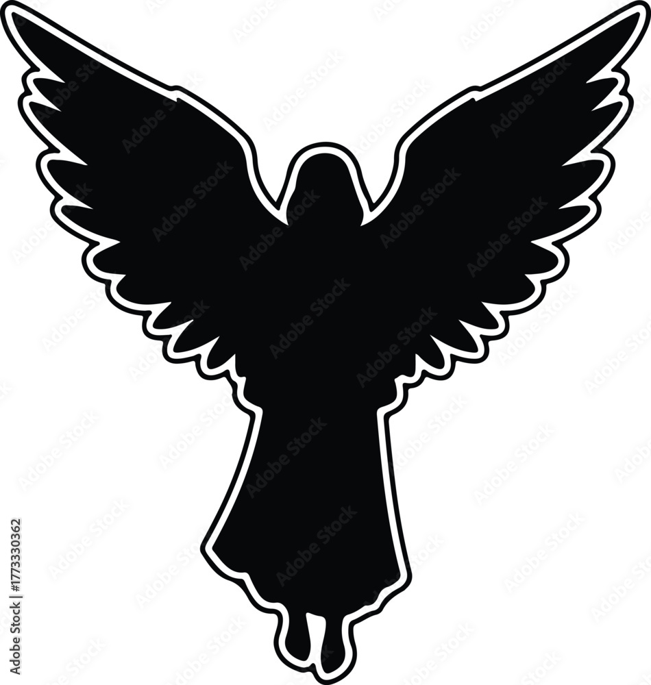 Fototapeta premium Vector angel silhouette with wings spread black and white illustration