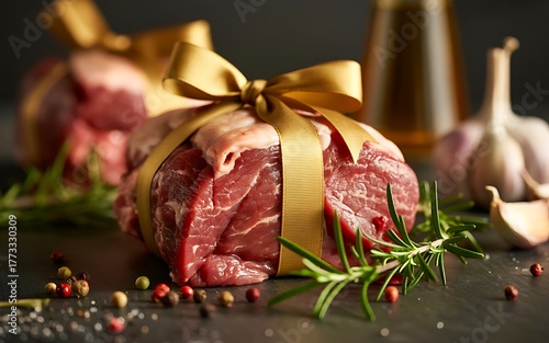Raw Beef Roast Wrapped in Gold Ribbon with Rosemary and Garlic meat gift
