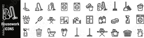 Housework line icons set. Housework line bold black icons set showing cleaning, washing, and home maintenance symbols. Ideal for household apps, services, and infographics.
