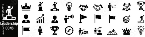 Leadership line icons set. Leadersh line bold black icons set showing teamwork, management, motivation, and success symbols. Ideal for business strategy, HR, and corporate presentations.