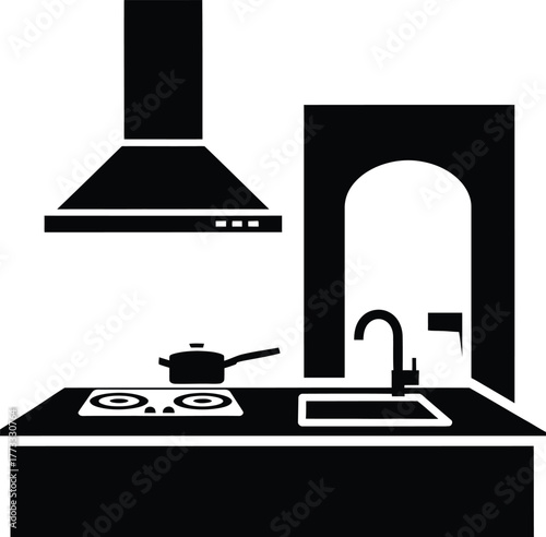 Modern kitchen countertop with stove sink and hood
