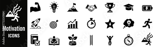 Motivation line black icons set. Motivation line bold black icons set featuring inspiration, goal setting, success, and achievement symbols. Ideal for business, self-improvement.