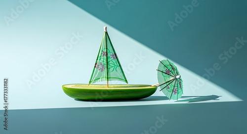 A creative sailboat made from a lime with a cocktail umbrella on a blue background, evoking a sense of summer vacation and relaxation