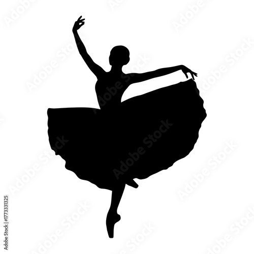Silhouette of a graceful ballerina in a tutu performing a dance move