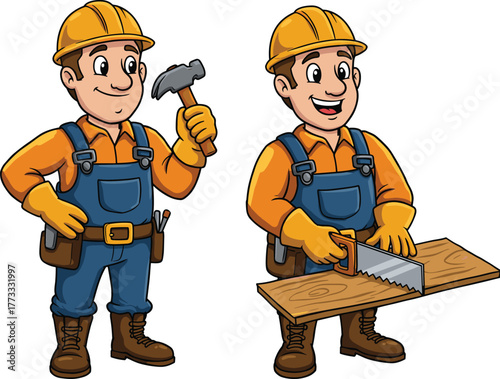 Cartoon construction workers illustration, blue overalls, carpentry teamwork, hammer and saw tools, vocational training, building site characters, woodworking activity, 
