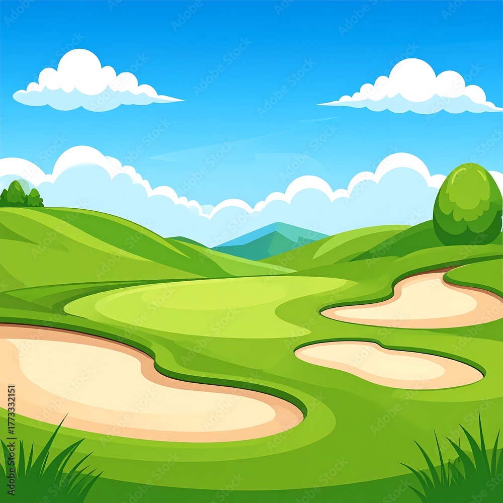 Obraz premium Cartoon illustration of a green golf course with bunkers and bright sky