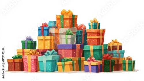 Cartoon piles of gift boxes set. Big present gifts mountains, christmas or birthday colorful wrapped surprise package ribbon vector illustration.