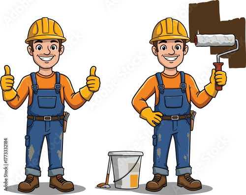 Cartoon construction workers painting wall, cheerful builders in hard hats, teamwork with paint roller, bucket, brush, renovation, maintenance, illustration