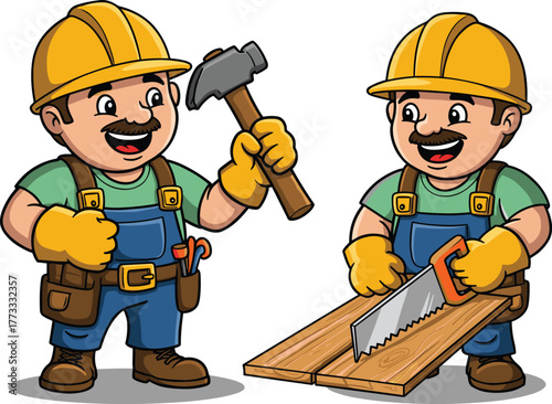 Cartoon construction workers with hammer and saw, teamwork in carpentry, building tools, occupational characters, wood planks, renovation, safety illustration