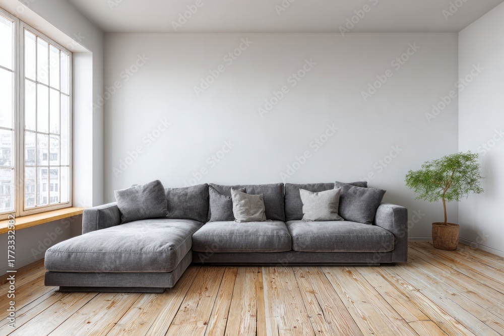 Fototapeta premium Modern sectional sofa and plant in a bright, minimalist room.