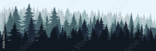 “Layered Forest Landscape Illustration – Coniferous Trees in Green & Blue Tones with Atmospheric Depth and Pale Sky for Eco, Nature & Seasonal Design”