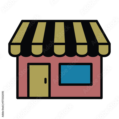 Simple cartoon storefront with a striped awning and display window