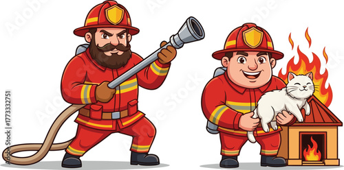 Cartoon firefighter illustration, fire rescue scene, brave emergency workers, saving cat, burning house, safety hero, fire hose, protective uniform, teamwork, compassion
