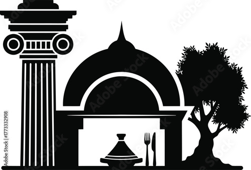 Ancient greek architecture and mediterranean cuisine symbol