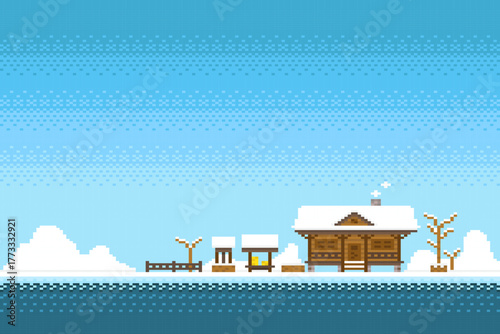 Wooden house with ancient well on blue sky background in pixel game.