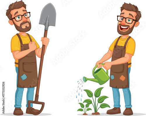 Cartoon gardener with shovel and watering can, planting and growing plants, gardening tools, outdoor farming, horticulture, agriculture, lifestyle illustration