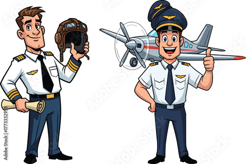 Cartoon pilots with airplane, aviation crew in uniforms, thumbs-up gesture, propeller plane, aviation training, travel, flight crew illustration, occupation