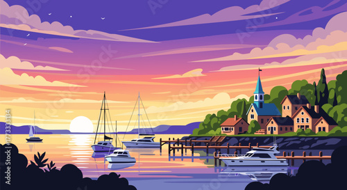 Harbor Sunset Serenity Tranquil Waters & Coastal Charm with Yachts at Sunset