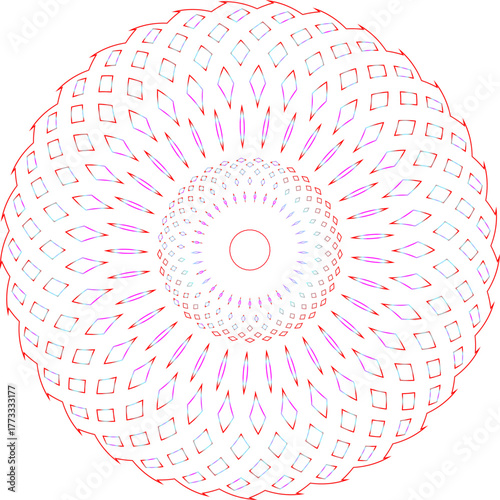 Red diamond geometric pattern with multiple colorful swirl layers and center abstract background