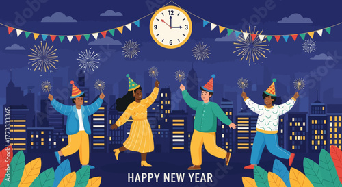 Happy people celebrating New Year’s Eve at midnight with fireworks in the city. Festive flat illustration showing joyful friends wearing party hats holding sparklers against night skyline.