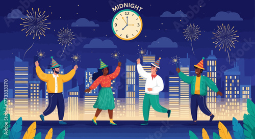 Happy people celebrating New Year’s Eve at midnight with fireworks in the city. Festive flat illustration showing joyful friends wearing party hats holding sparklers against night skyline.
