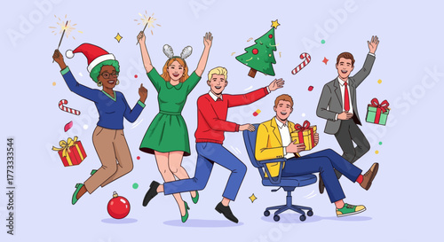 Office Christmas party flat vector illustration. Happy colleagues celebrating winter holidays with gifts, Santa hats, and decorations. Corporate festive event cartoon concept on light background.