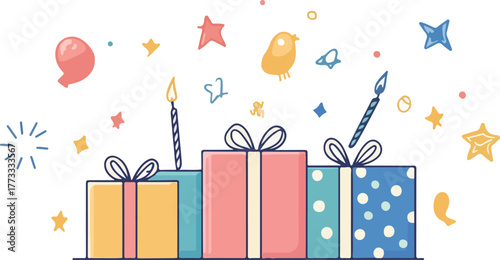 Colorful Christmas and birthday gift boxes vector illustration with ribbons and bows, perfect for holiday and party celebration greeting card design