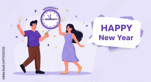 Happy New Year celebration illustration with cheerful couple holding sparklers and champagne near midnight clock. Festive flat design for holiday greeting, party invitation, or web banner.