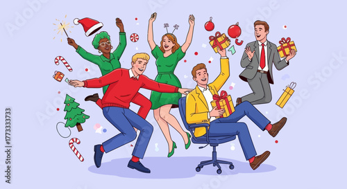 Office Christmas party flat vector illustration. Happy colleagues celebrating winter holidays with gifts, Santa hats, and decorations. Corporate festive event cartoon concept on light background.
