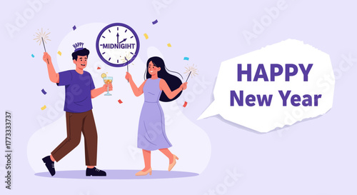 Happy New Year celebration illustration with cheerful couple holding sparklers and champagne near midnight clock. Festive flat design for holiday greeting, party invitation, or web banner.