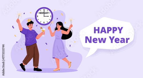 Happy New Year celebration illustration with cheerful couple holding sparklers and champagne near midnight clock. Festive flat design for holiday greeting, party invitation, or web banner.