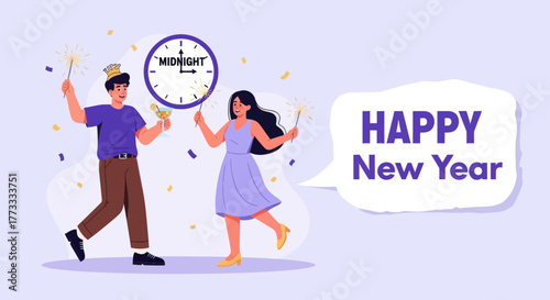 Happy New Year celebration illustration with cheerful couple holding sparklers and champagne near midnight clock. Festive flat design for holiday greeting, party invitation, or web banner.