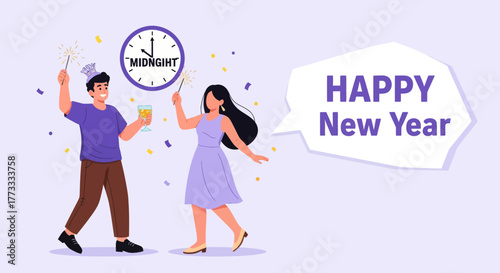 Happy New Year celebration illustration with cheerful couple holding sparklers and champagne near midnight clock. Festive flat design for holiday greeting, party invitation, or web banner.