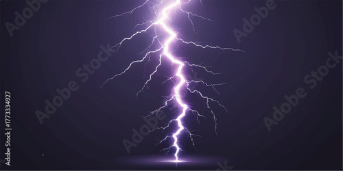Dramatic vector illustration of a powerful electric lightning bolt striking the dark night sky during a fierce thunderstorm