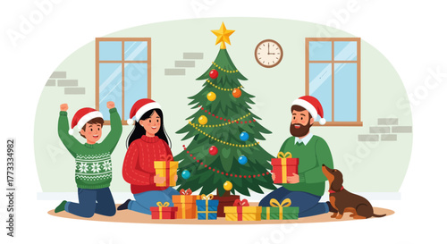 Happy family celebrating Christmas at home, exchanging gifts near decorated Christmas tree. Parents and child wearing Santa hats enjoying holiday moment together with cute dog. Flat vector illustratio