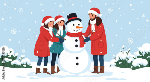 Happy family building a snowman together in winter park. Parents and child wearing warm clothes enjoying outdoor activity during snowfall. Flat vector illustration for holiday and winter concept.